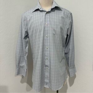 David Donahue Men's Blue Luxury Non Iron Checkered Dress Shirt - Size L